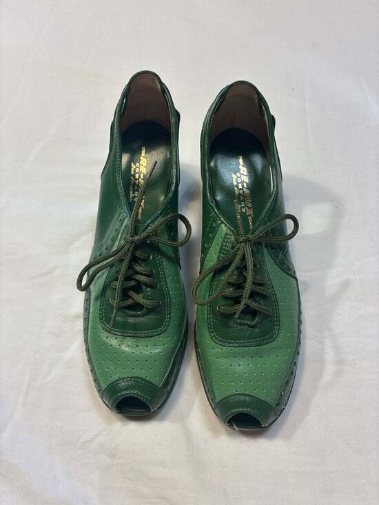 Re-Mix Vintage Shoes Shoes - Re-Mix Vintage Shoes Spectator Green Leather Peep Toe Wedge Oxfords